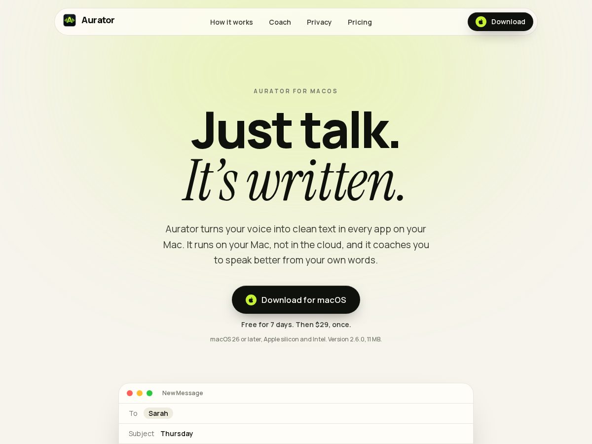 Landing-page snapshot of tryaurator.app