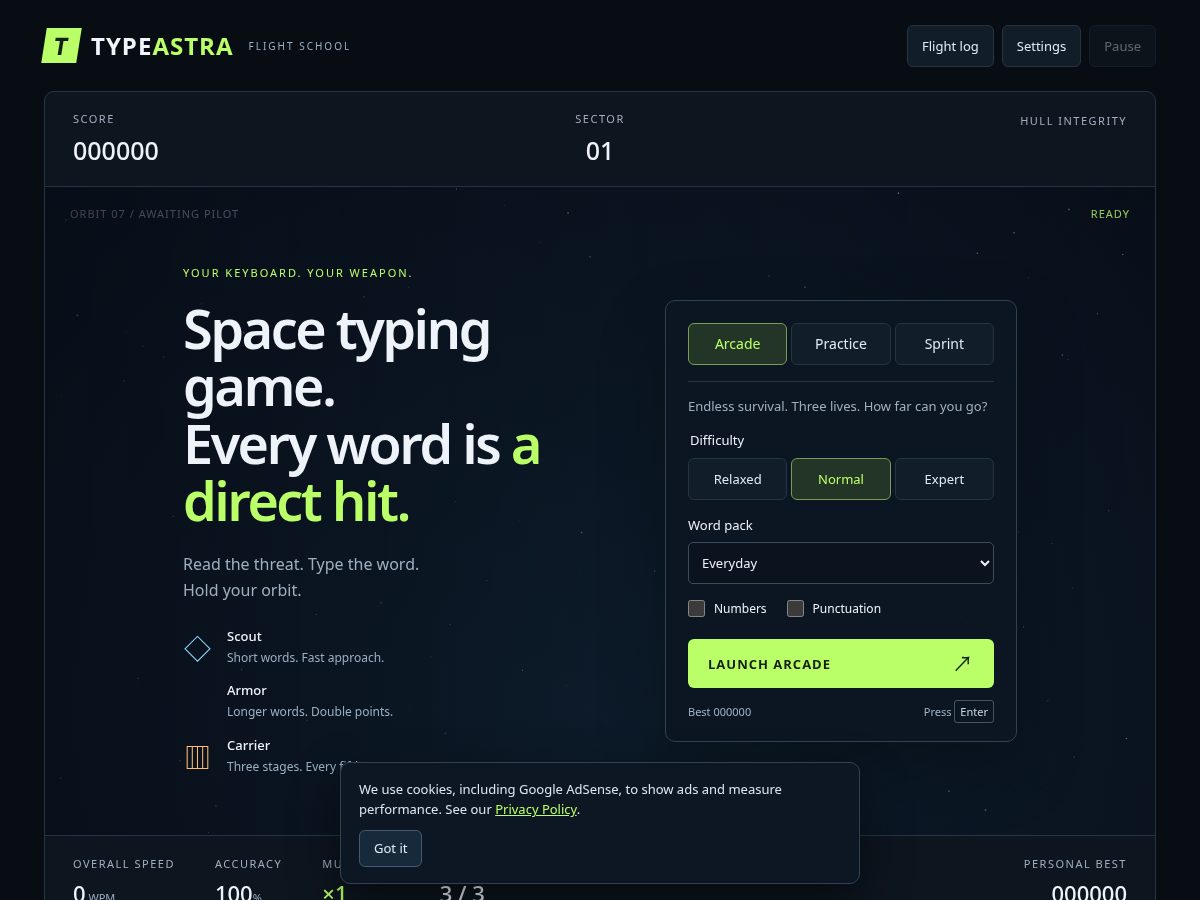 Landing-page snapshot of typeastra.com