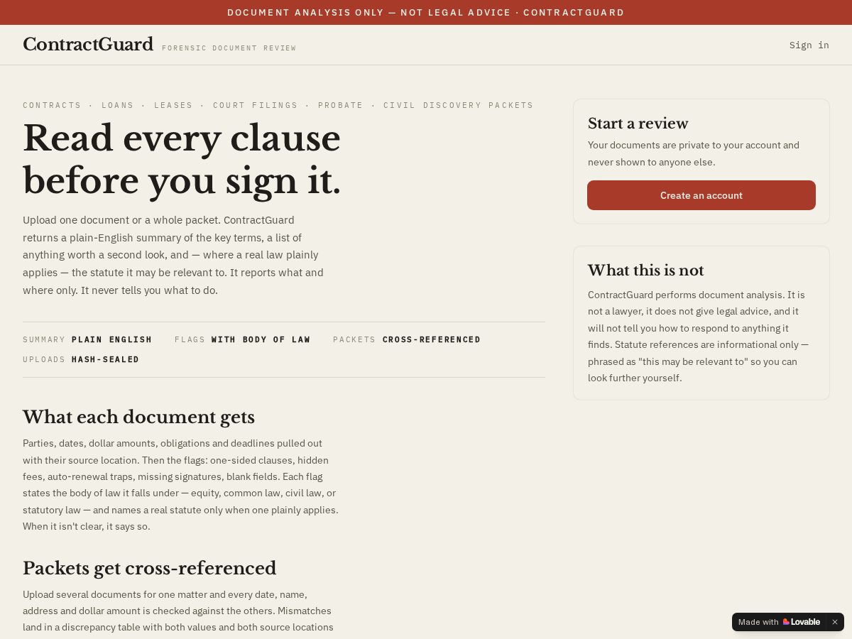 Landing-page snapshot of usecontractguard.com