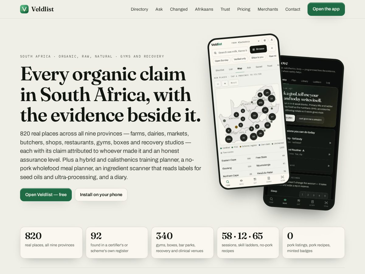 Landing-page snapshot of veldlist.com