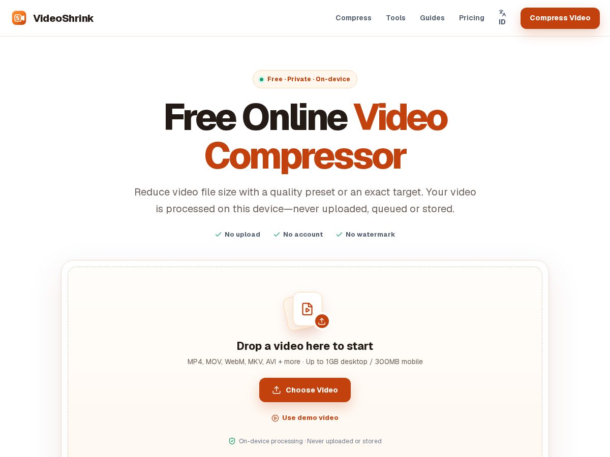 Landing-page snapshot of videoshrink.app