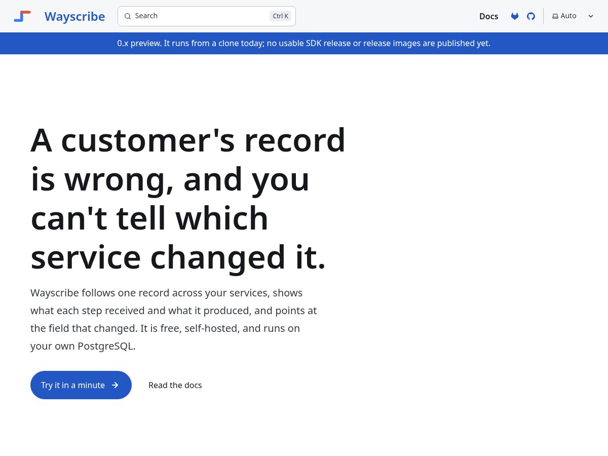 Landing-page snapshot of wayscribe.dev