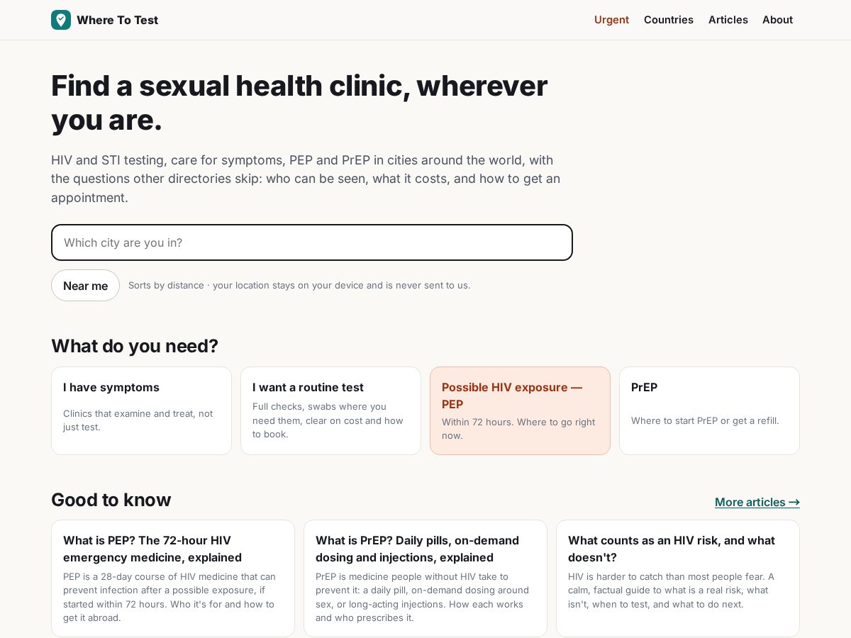 Landing-page snapshot of wheretotest.com