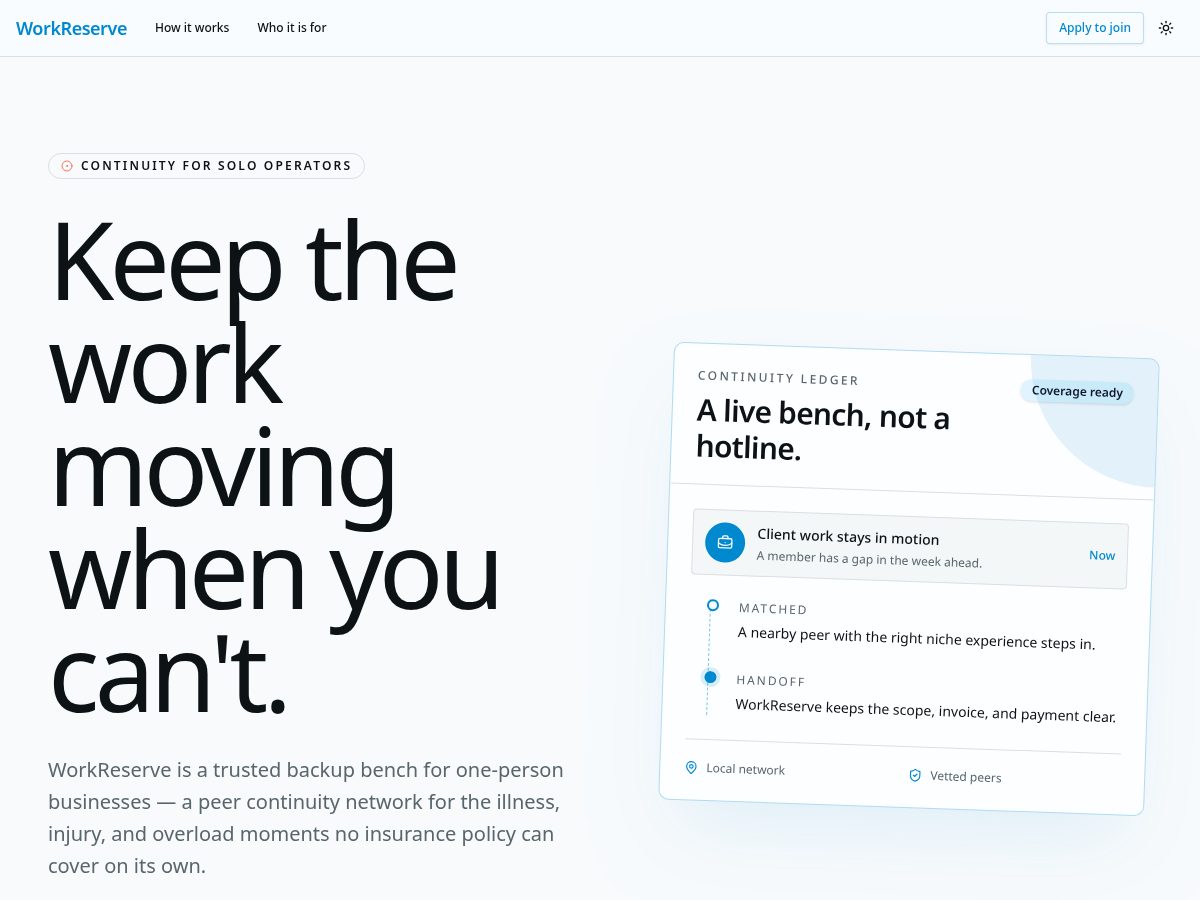 Landing-page snapshot of workreserve.com