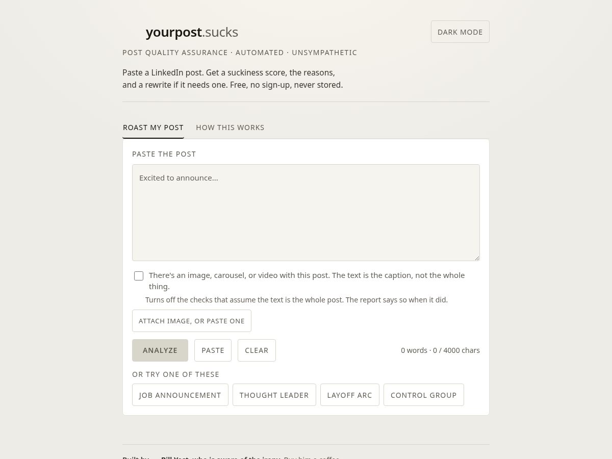 Landing-page snapshot of yourpostsucks.com