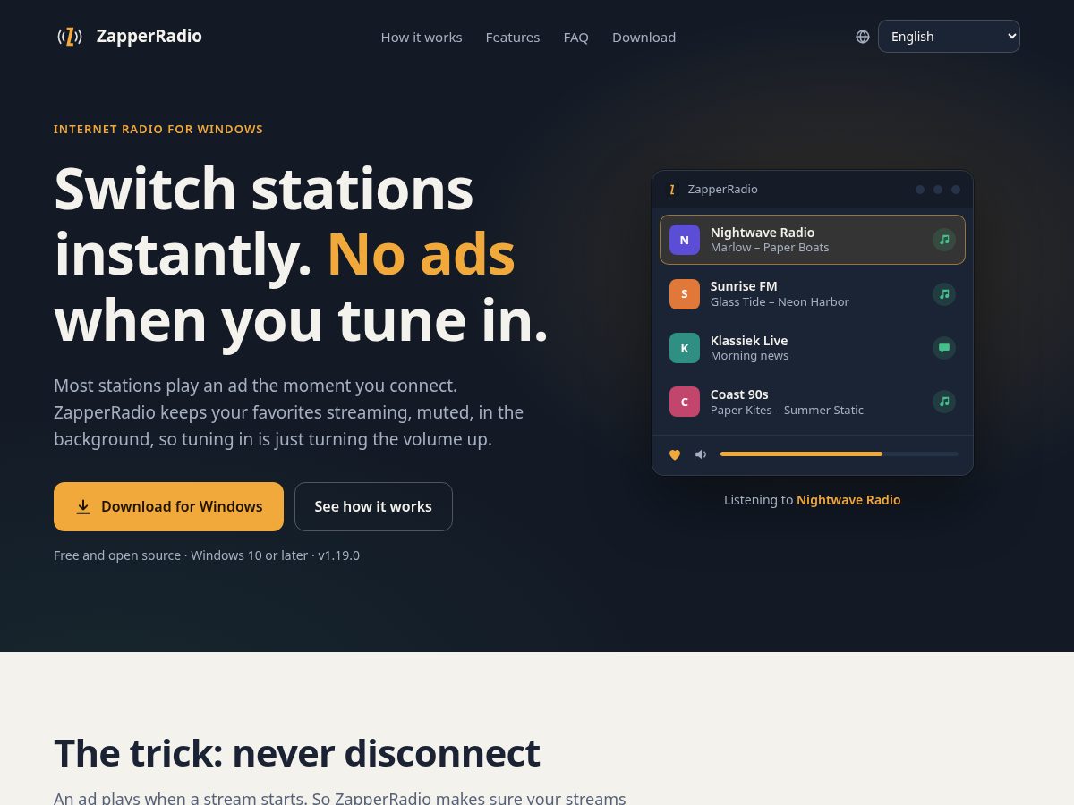 Landing-page snapshot of zapperradio.com