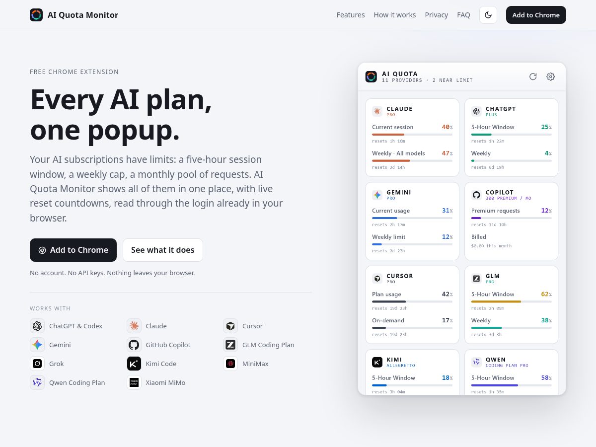 Landing-page snapshot of aiquotamonitor.com