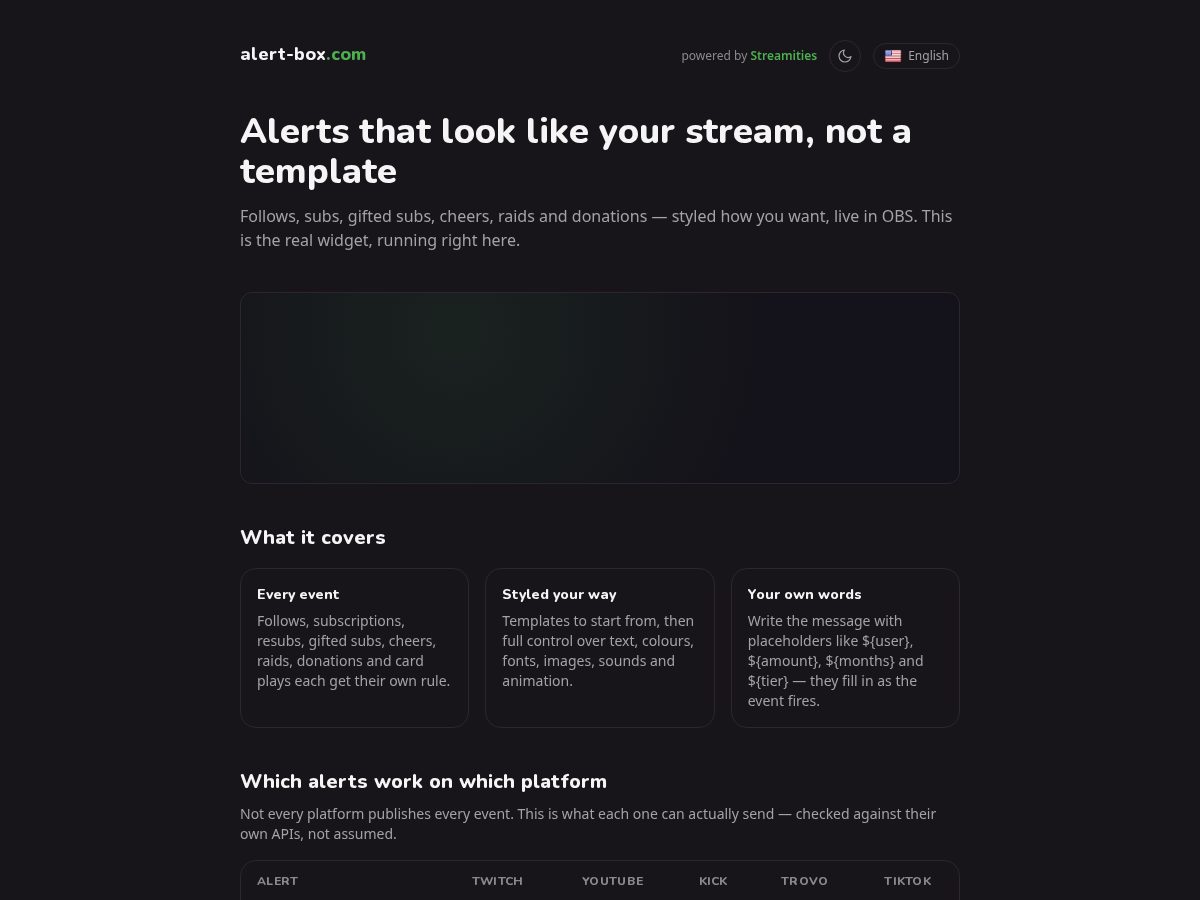 Landing-page snapshot of alert-box.com