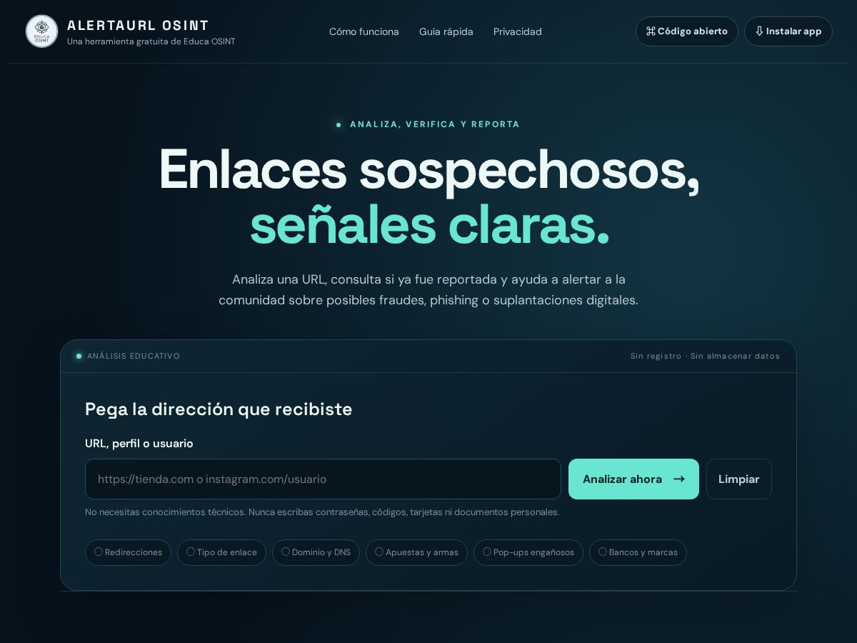 Landing-page snapshot of alertaurlosint.site
