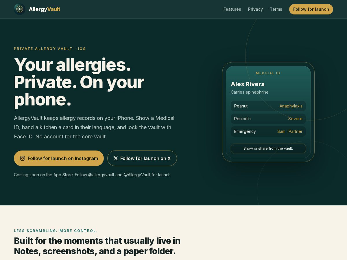 Landing-page snapshot of allergyvault.xyz