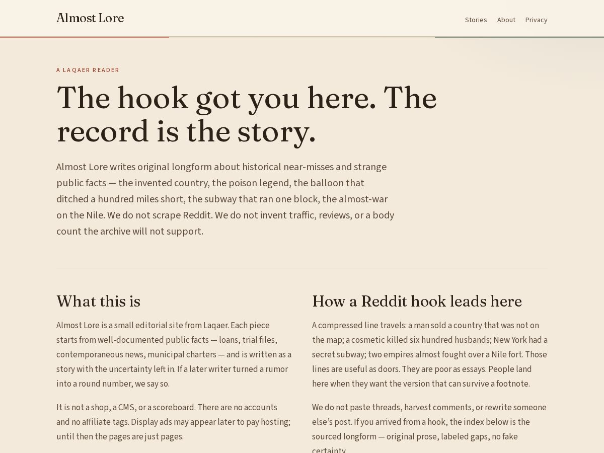 Landing-page snapshot of almostlore.com