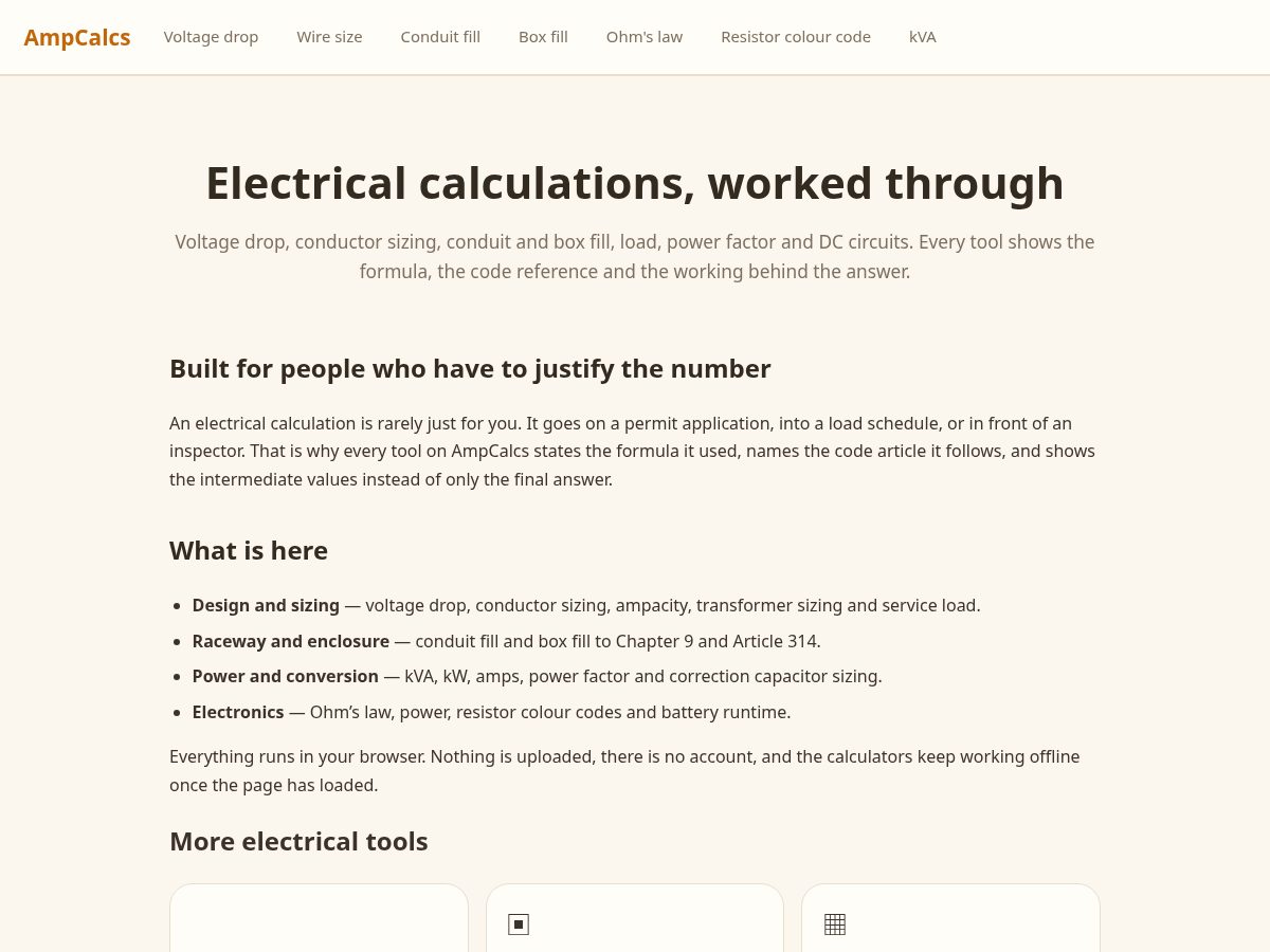 Landing-page snapshot of ampcalcs.com