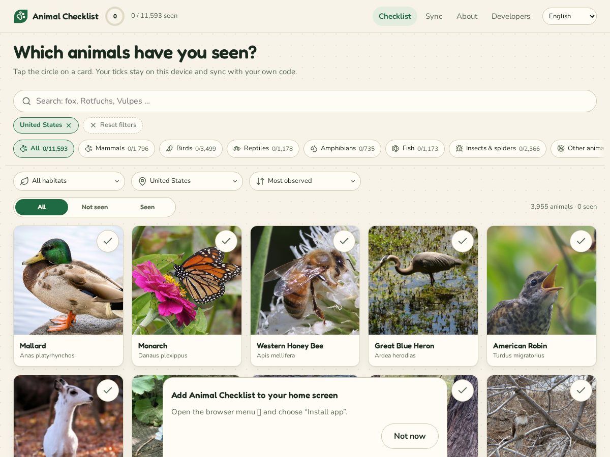 Landing-page snapshot of animalchecklist.com