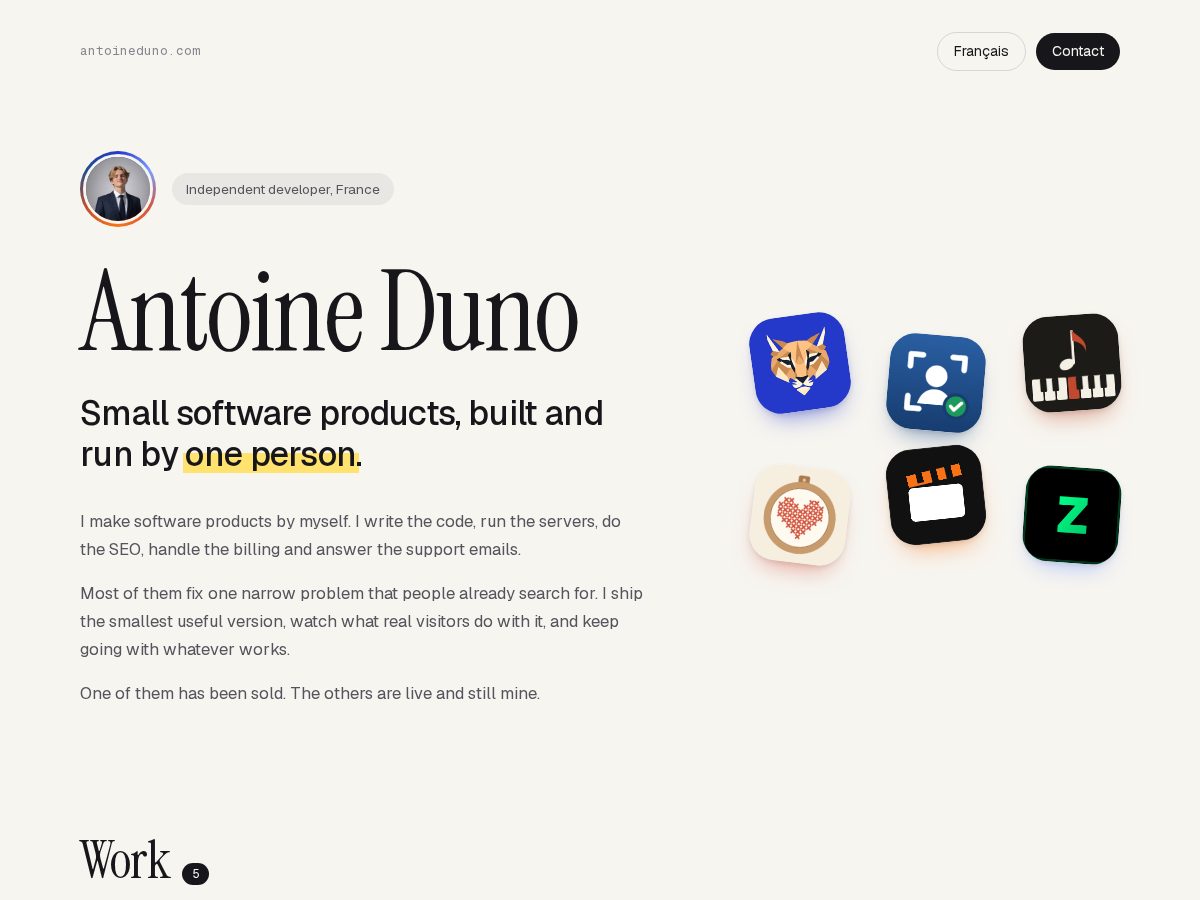 Landing-page snapshot of antoineduno.com