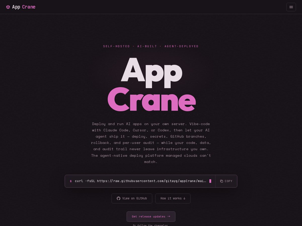 Landing-page snapshot of appcrane.dev