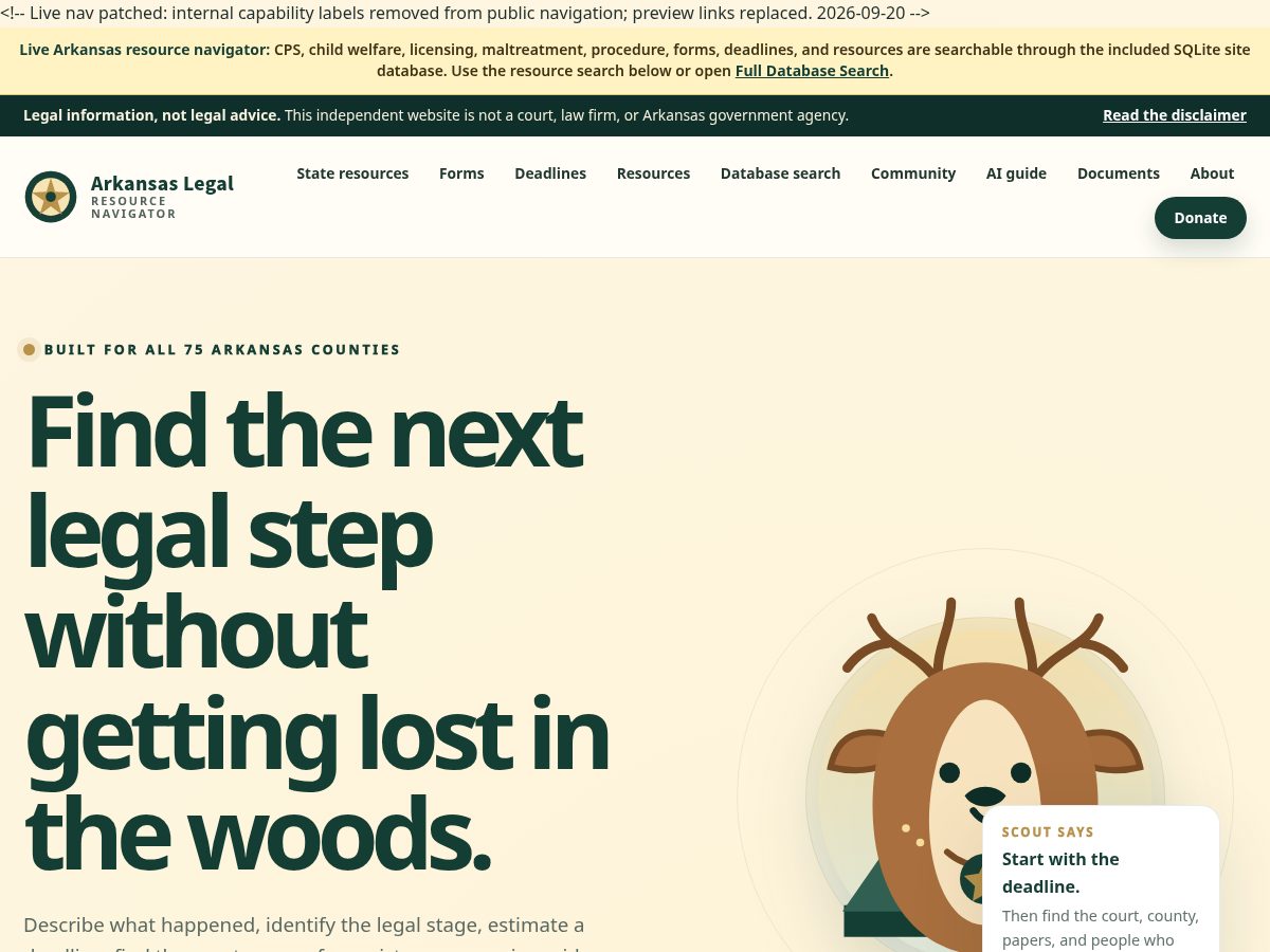 Landing-page snapshot of arkansaslegalresourcenavigator.com
