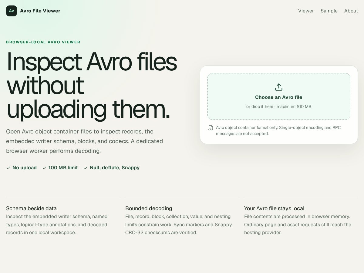 Landing-page snapshot of avrofile.tools