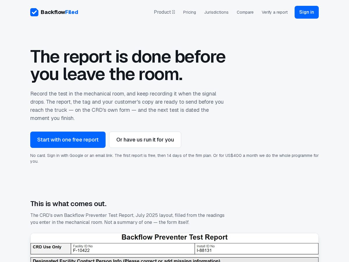 Landing-page snapshot of backflowfiled.com
