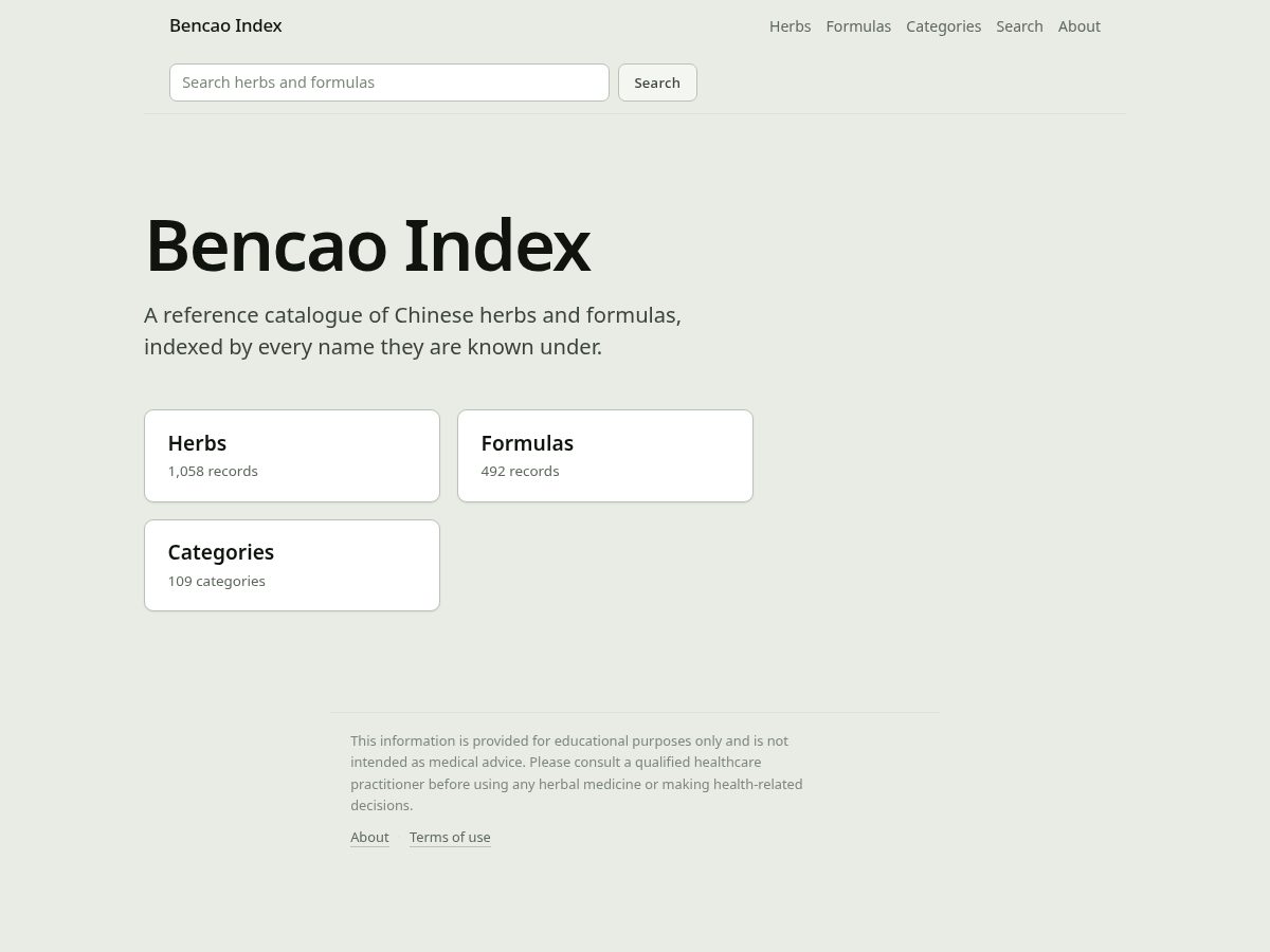 Landing-page snapshot of bencaoindex.com