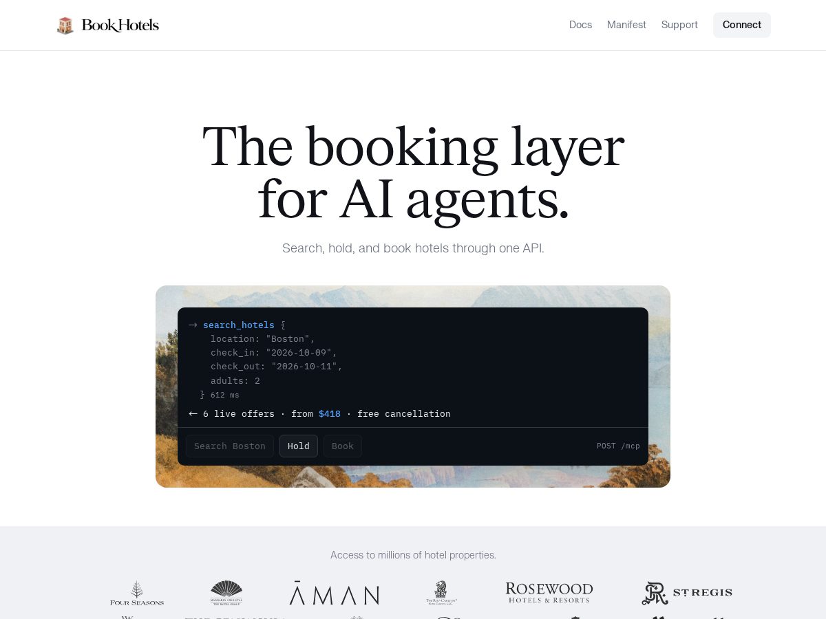 Landing-page snapshot of bookhotelsmcp.com