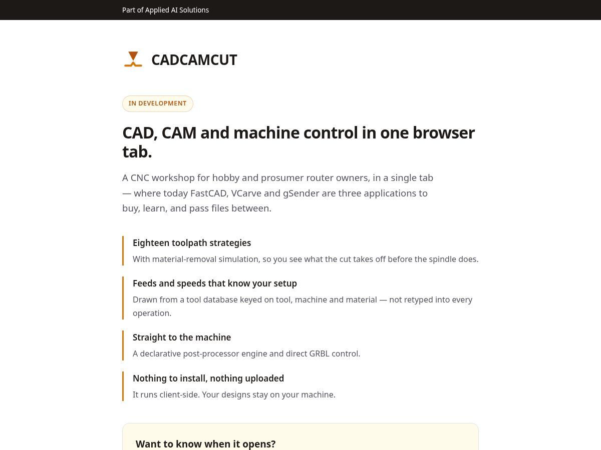 Landing-page snapshot of cadcamcut.com