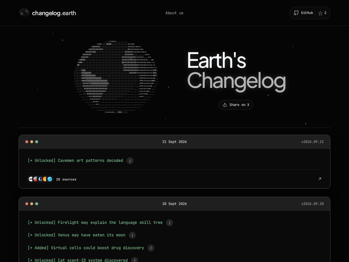Landing-page snapshot of changelog.earth