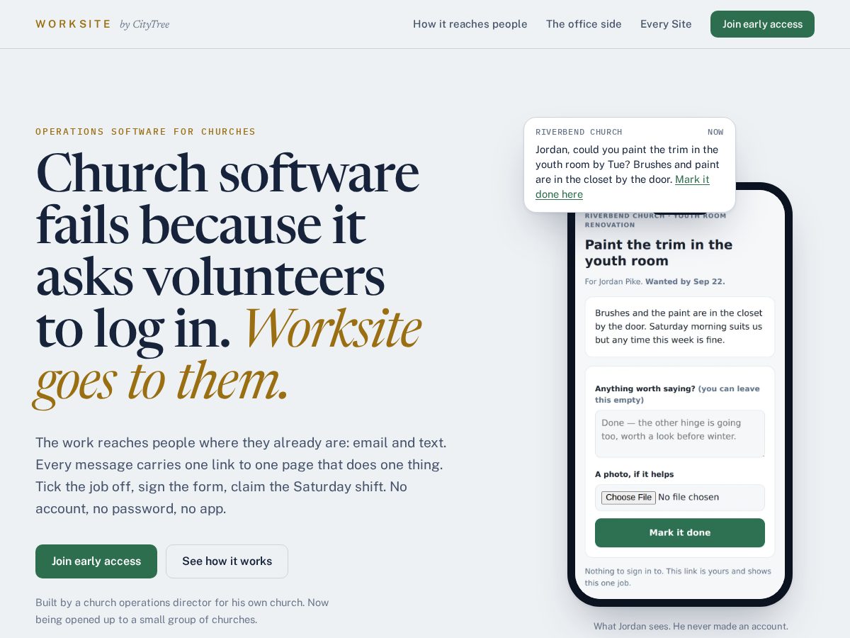 Landing-page snapshot of churchworksite.com