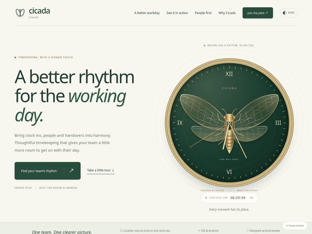 Landing-page snapshot of cicadaclock.com