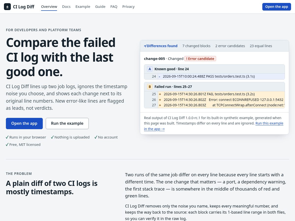 Landing-page snapshot of cilogdiff.dev