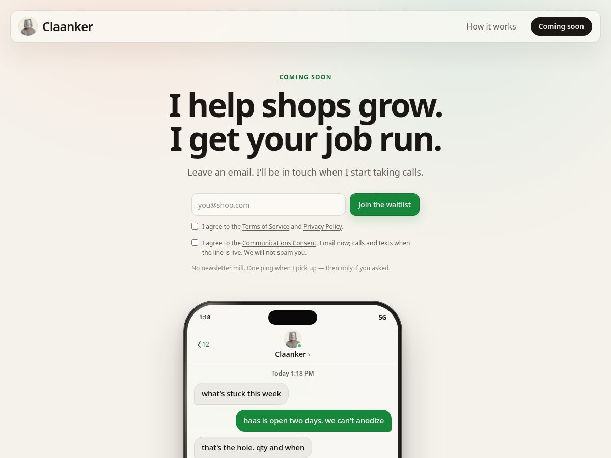 Landing-page snapshot of claanker.com