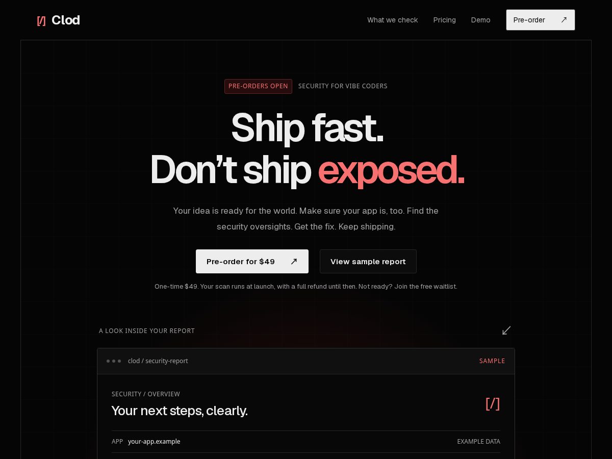 Landing-page snapshot of clodsecurity.com