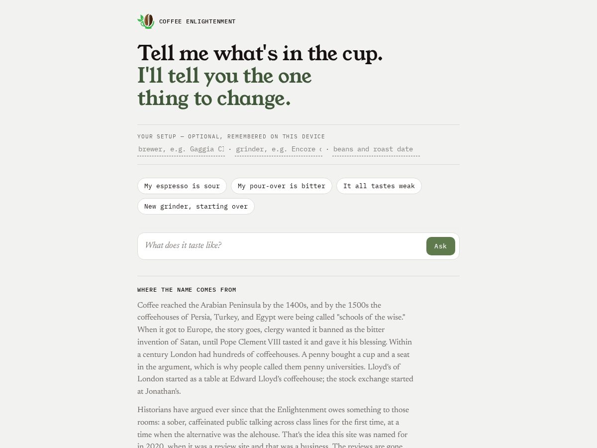 Landing-page snapshot of coffeenlightenment.com