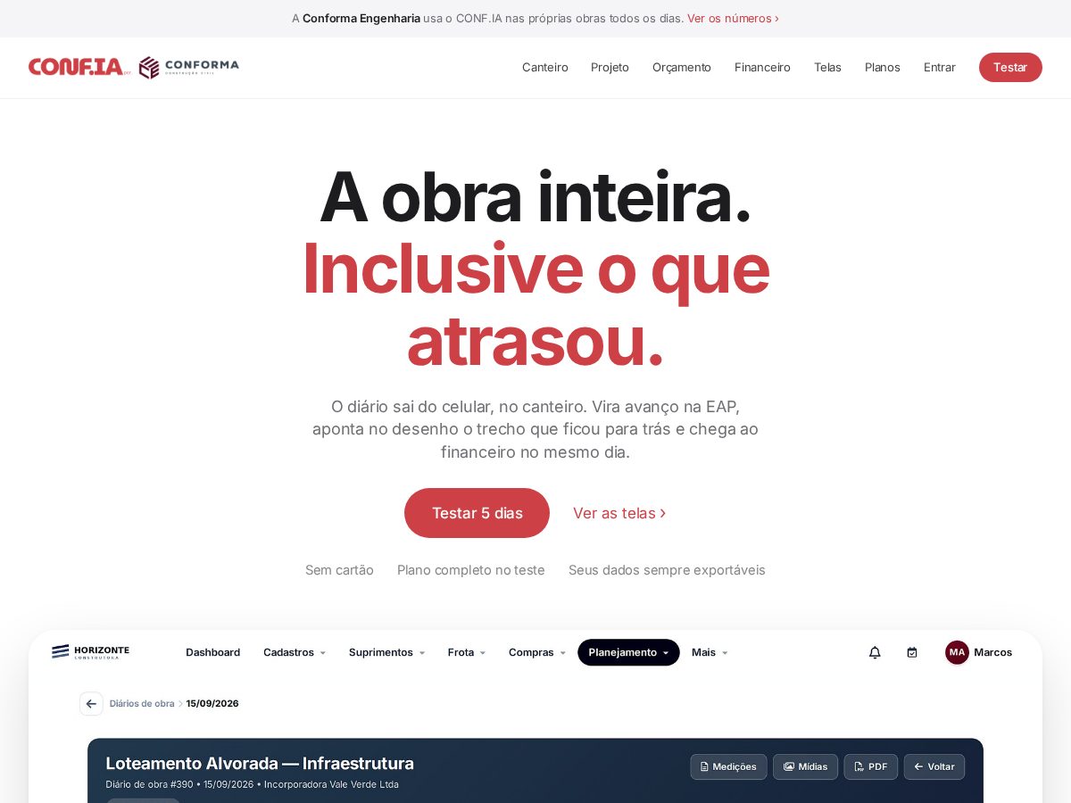 Landing-page snapshot of confiaobras.com