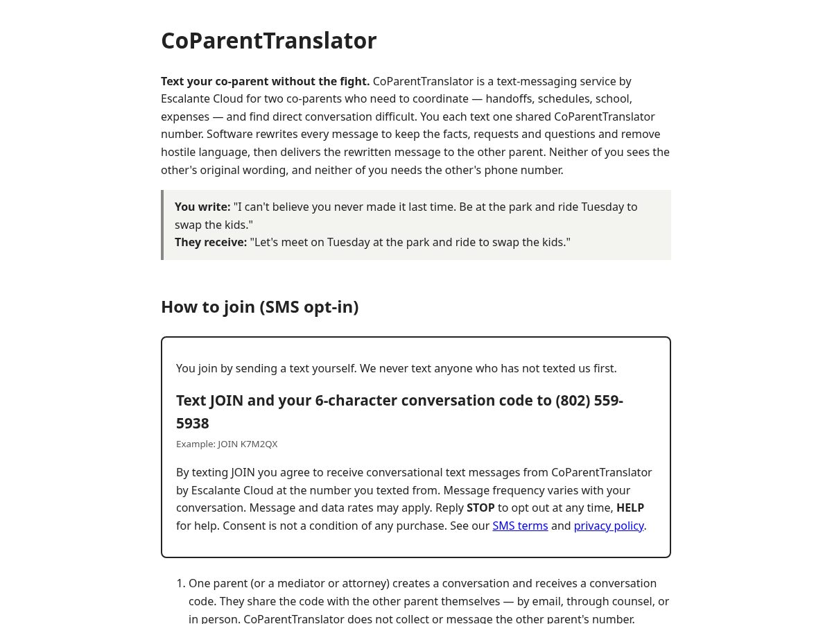 Landing-page snapshot of coparenttranslator.com