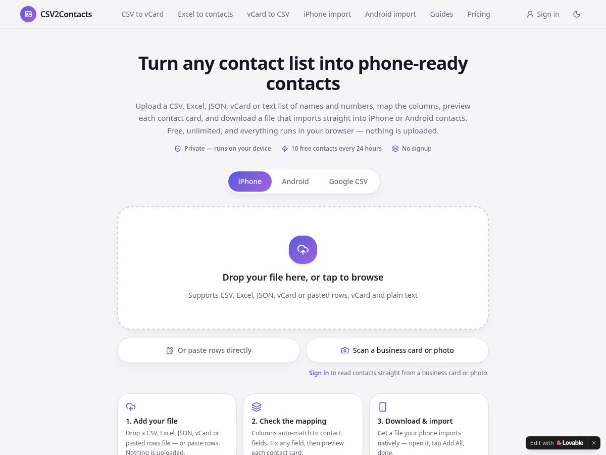 Landing-page snapshot of csv2contacts.com