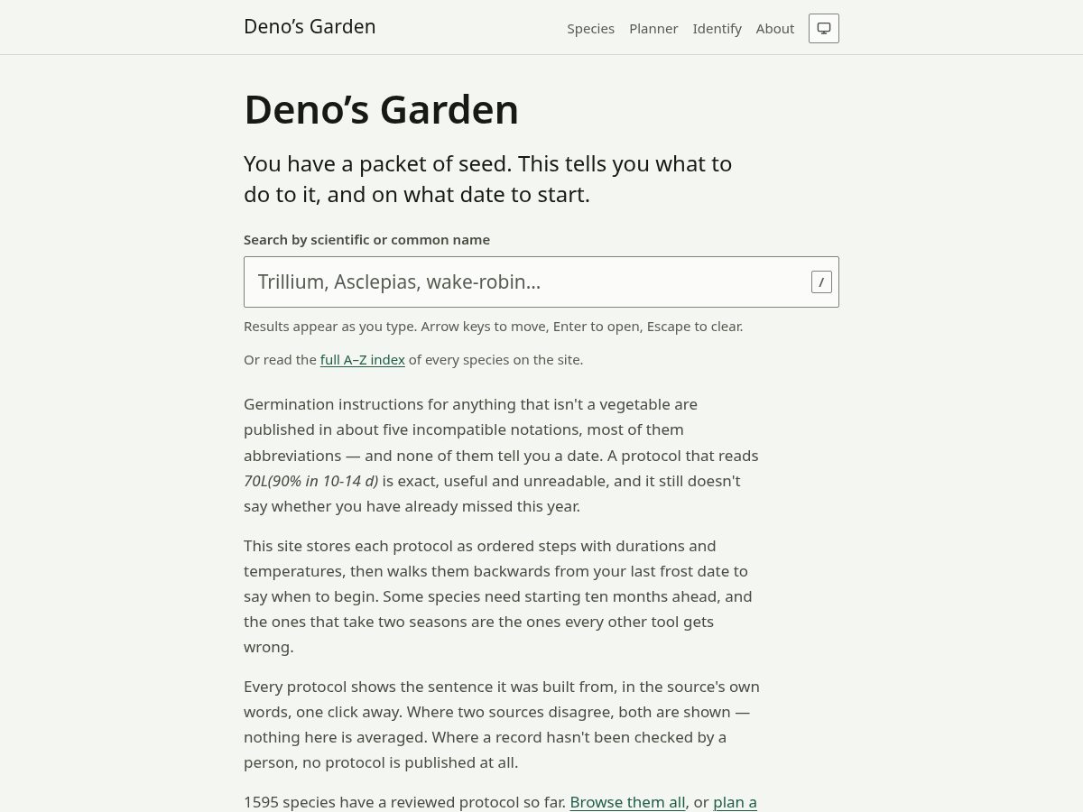 Landing-page snapshot of denosgarden.com
