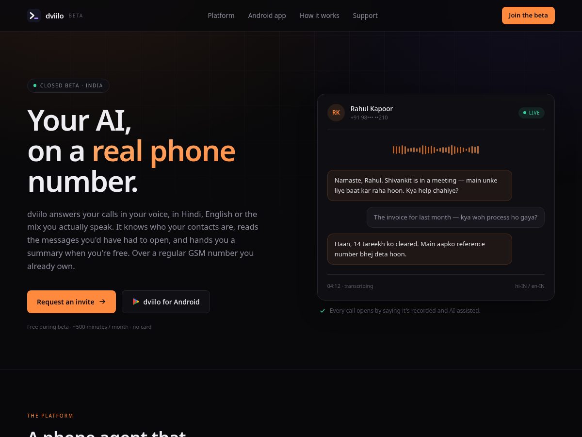 Landing-page snapshot of dviilo.com