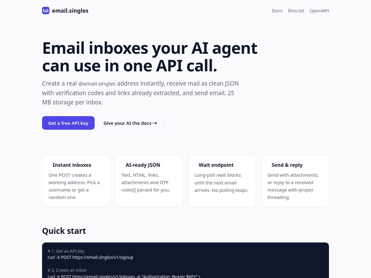 Landing-page snapshot of email.singles
