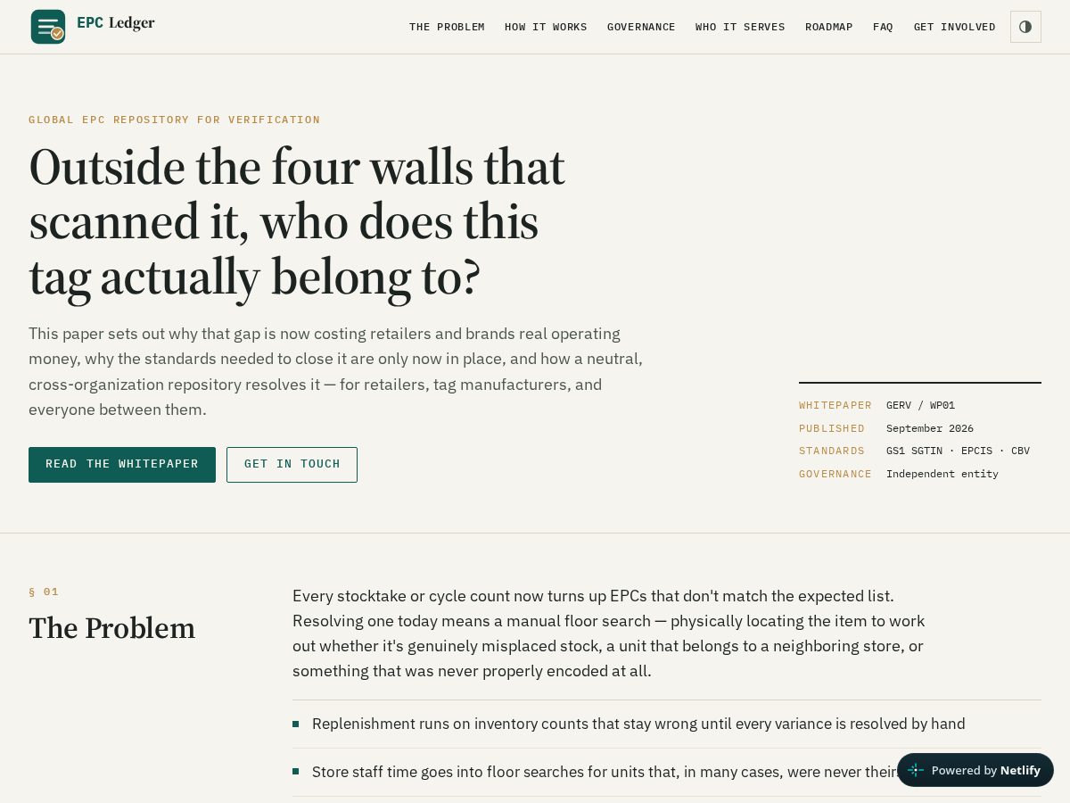 Landing-page snapshot of epcledger.org