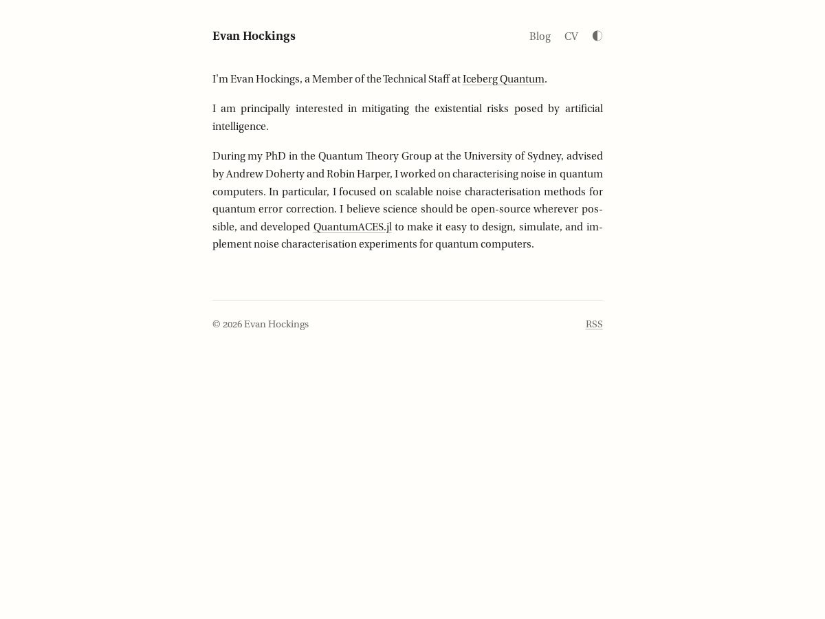 Landing-page snapshot of evanhockings.com