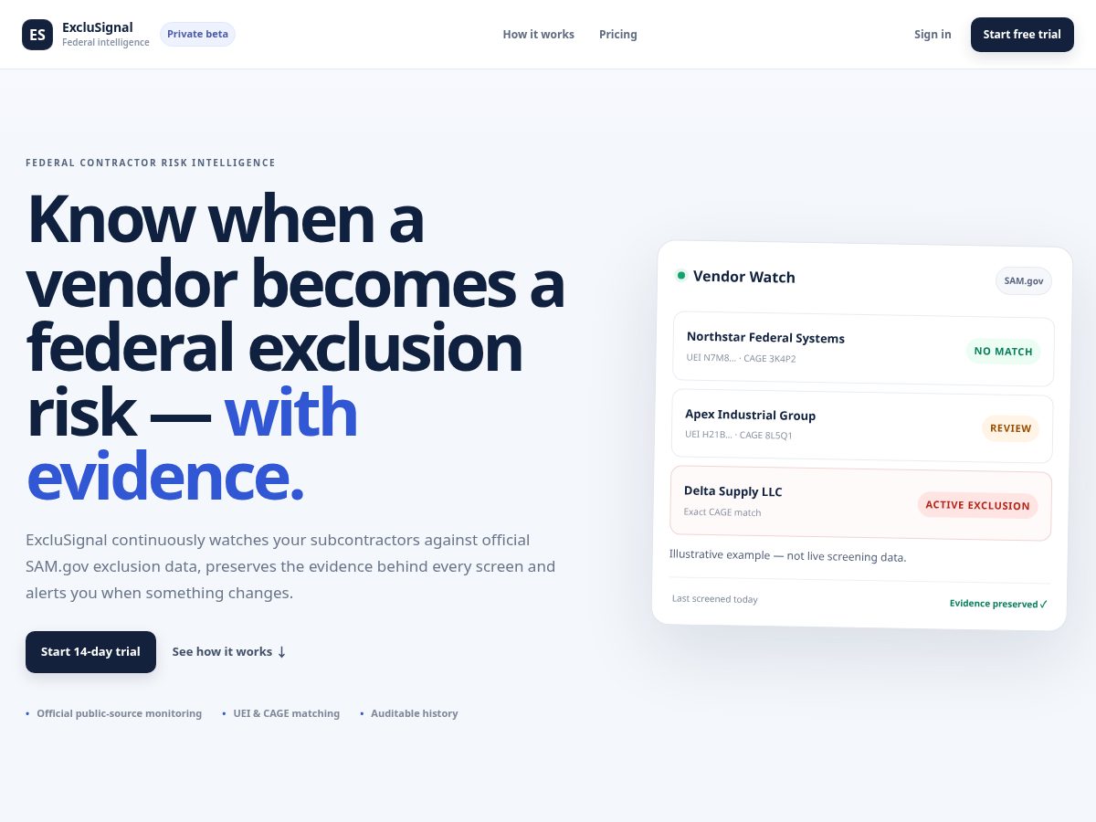 Landing-page snapshot of exclusignal.com