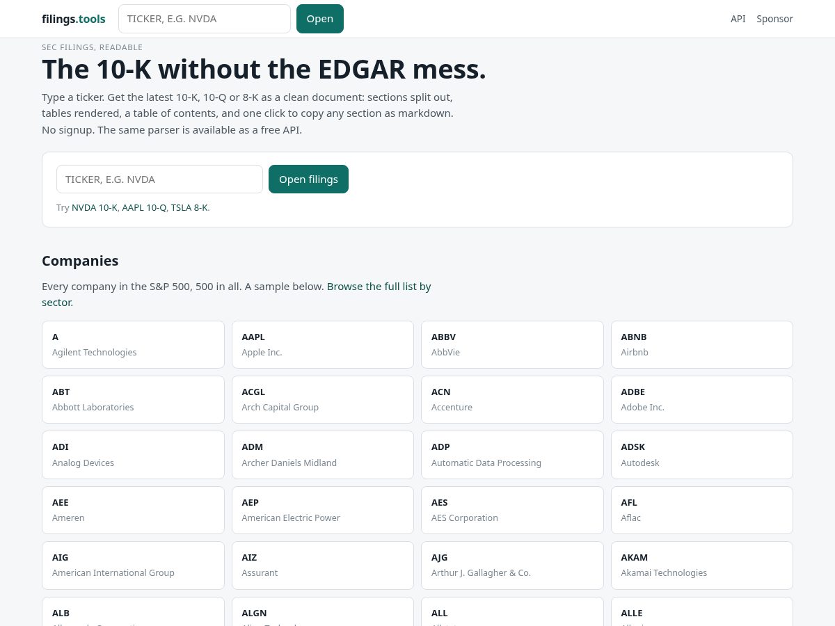 Landing-page snapshot of filings.tools