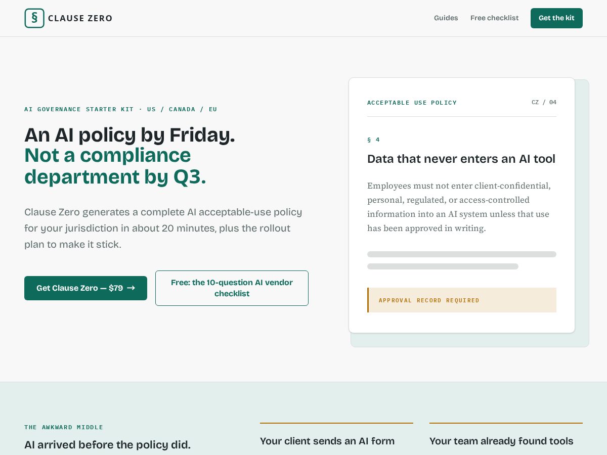 Landing-page snapshot of getclausezero.com