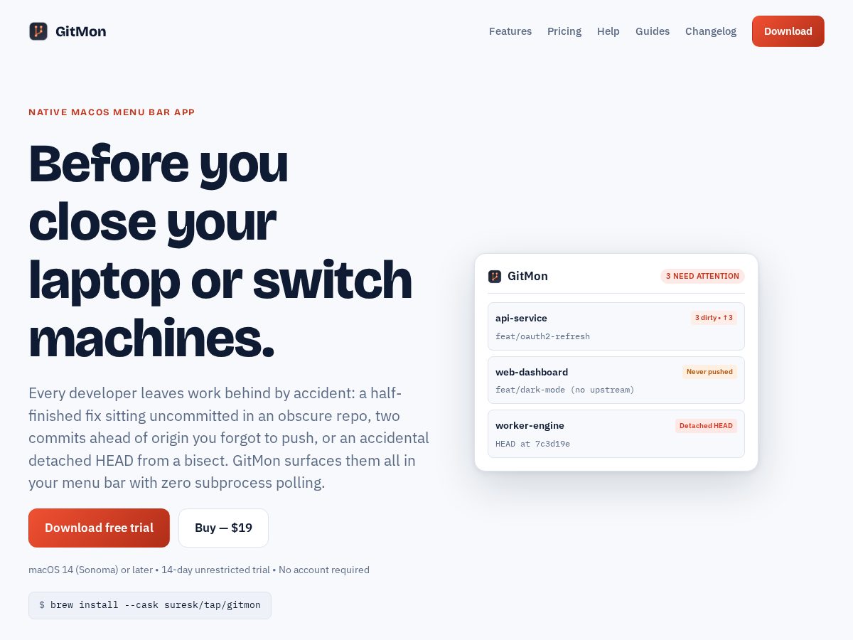 Landing-page snapshot of getgitmon.com