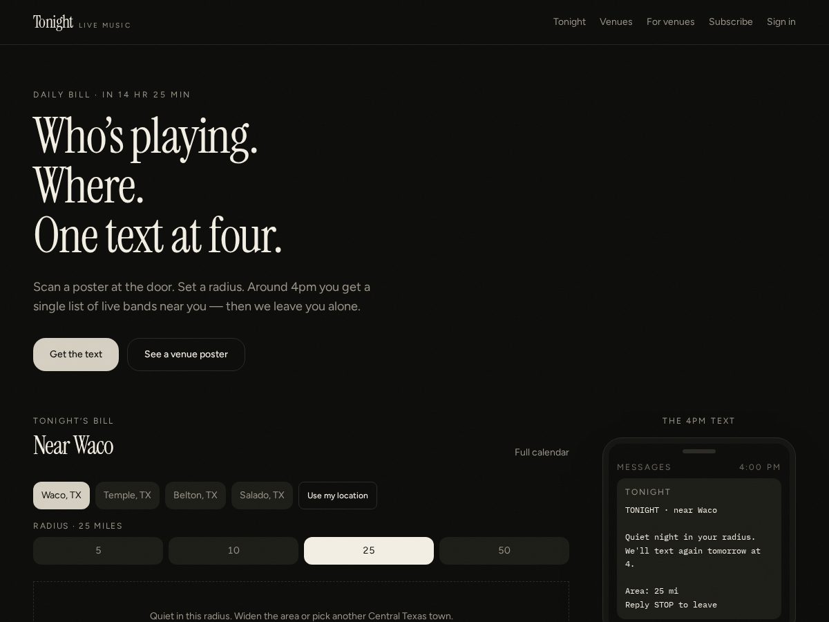 Landing-page snapshot of getlivemusictonight.com