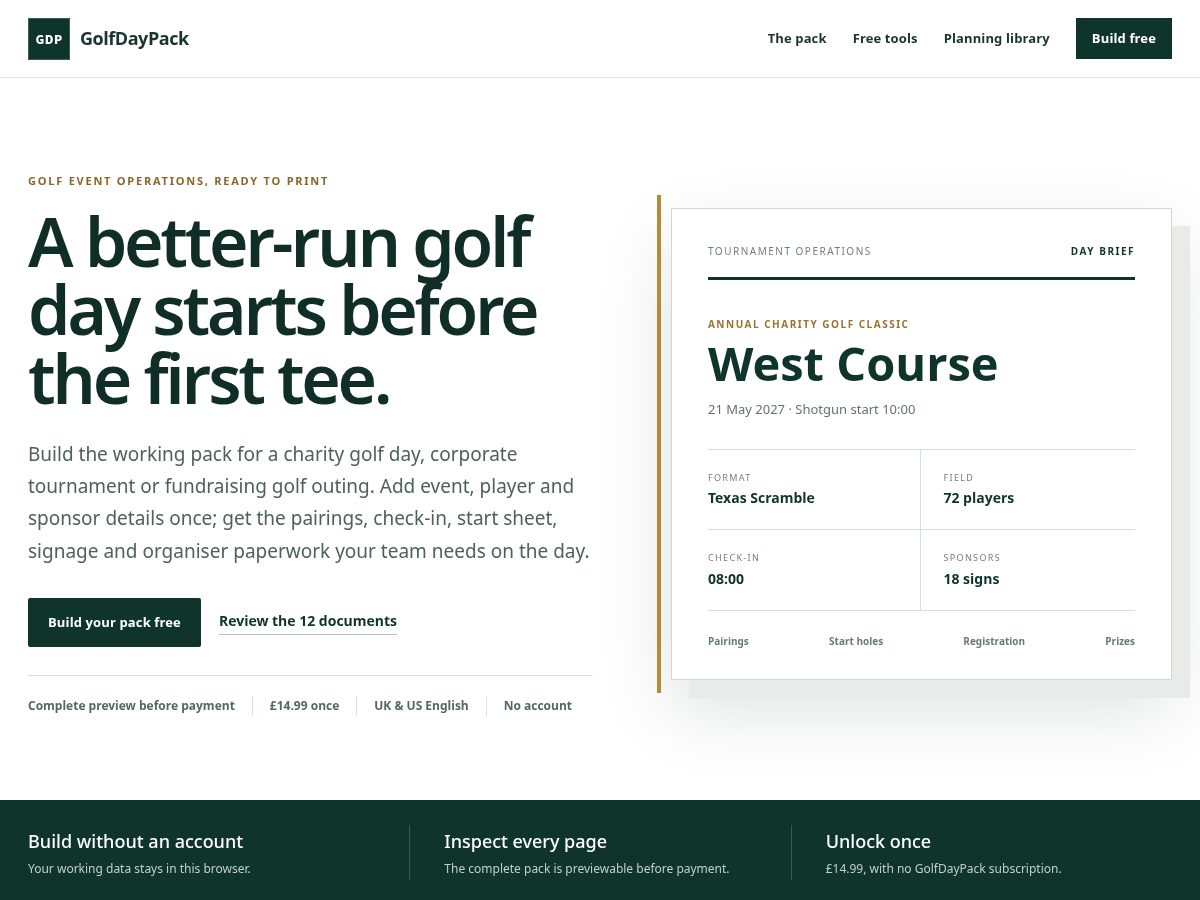 Landing-page snapshot of golfdaypack.com