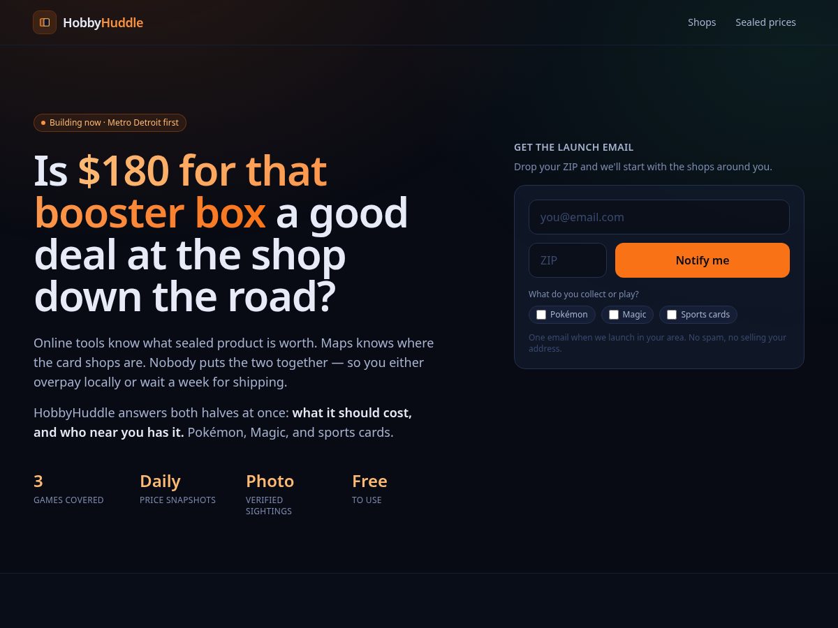 Landing-page snapshot of hobbyhuddle.com