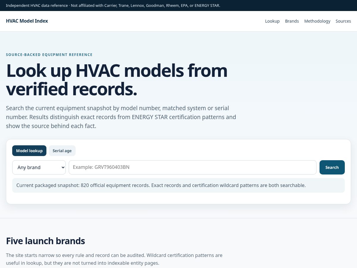 Landing-page snapshot of hvacmodelindex.com