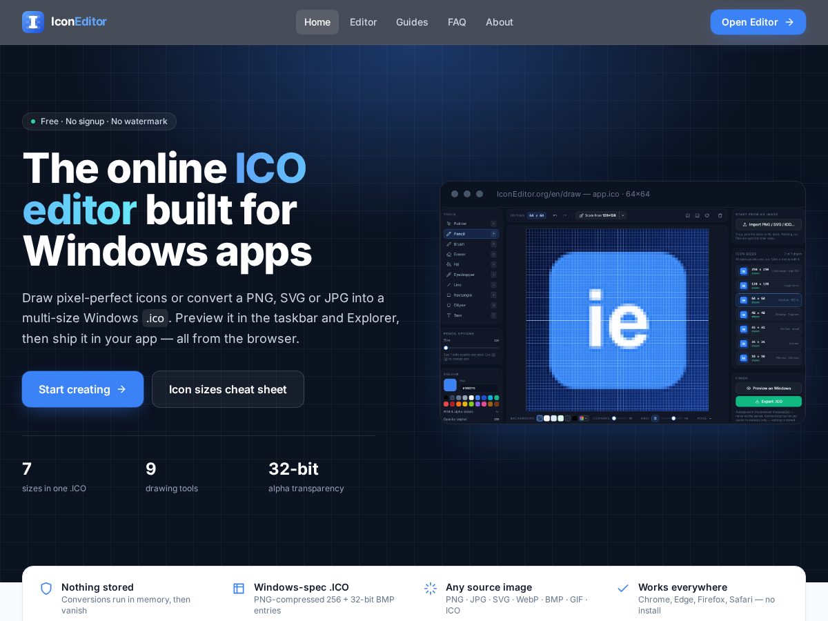 Landing-page snapshot of iconeditor.org