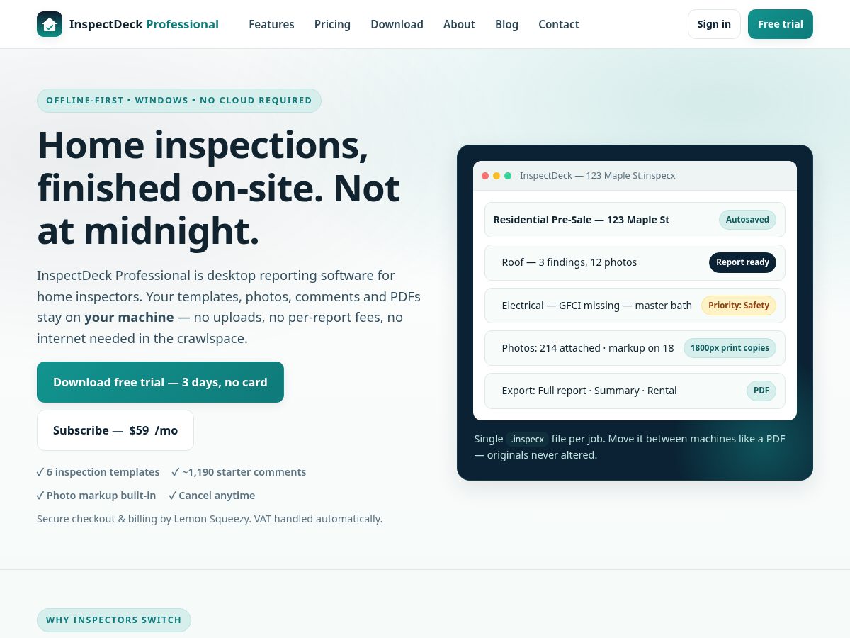 Landing-page snapshot of inspectdeckpro.com